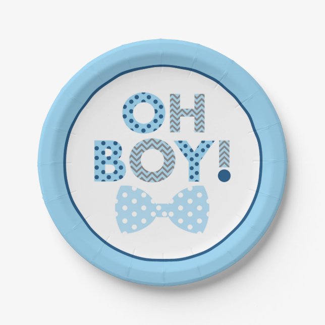 Bow Tie Oh Boy Baby Shower Paper Plates (Front)