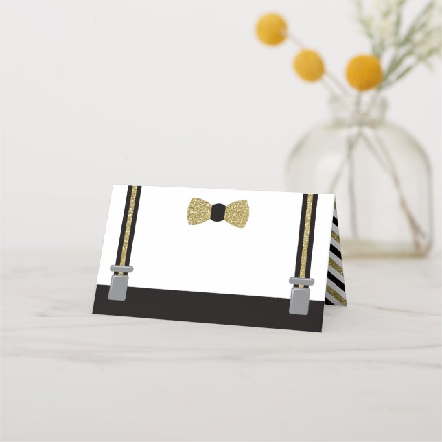 Bow Tie Place Cards, Food Cards, Black, Faux Gold Place Card (Front)