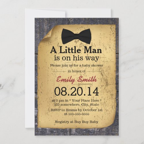 Vintage Bow Tie Little Man Wood Baby Shower 5x7 Paper Invitation Card