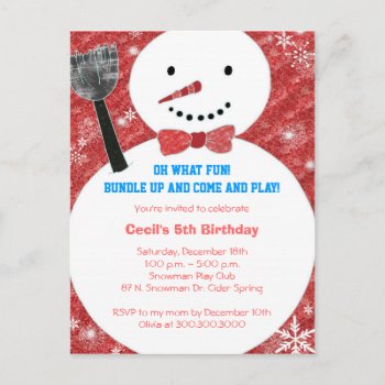 Bow Tie Snowman Kids Winter Birthday Party Invitation Postcard by Whimsical_Holidays at Zazzle