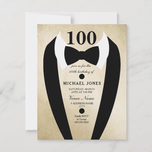 Bow Tie Tuxedo Gold 100th Birthday Party Invite