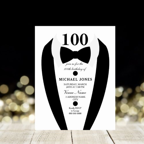 Bow Tie Tuxedo Mens 100th Birthday Party Invite