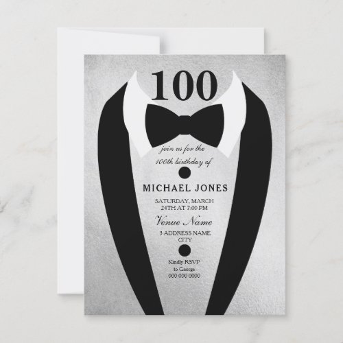 Bow Tie Tuxedo Silver 100th Birthday Party Invite