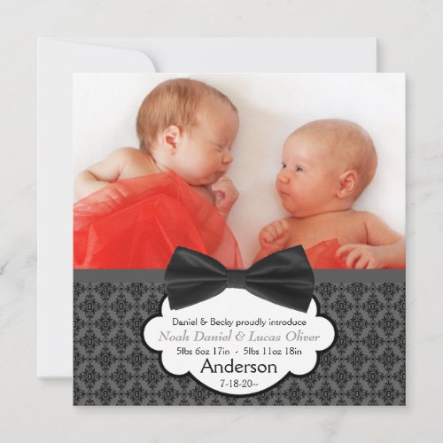 Bow Tie Twin Baby Boy Photo Birth Announcement