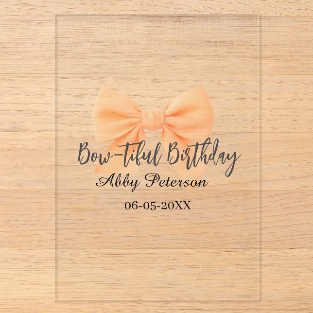 Bow-tiful birthday orange bow name date simple pas acrylic invitations (Front)