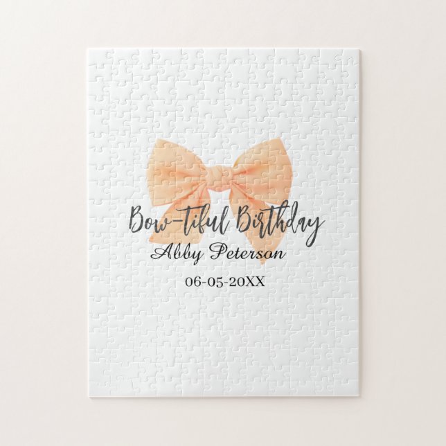 Bow-tiful birthday orange bow name date simple pas jigsaw puzzle (Vertical)