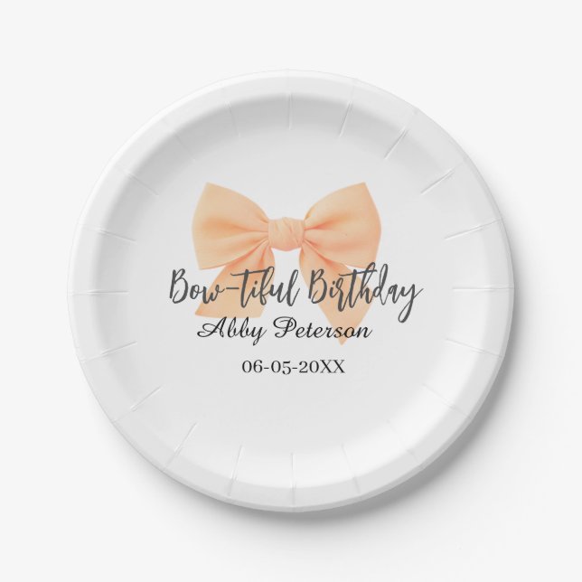 Bow-tiful birthday orange bow name date simple pas paper plates (Front)