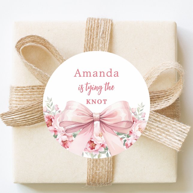 Bow tying the knot pink florals Bridal Shower Classic Round Sticker (Creator Uploaded)