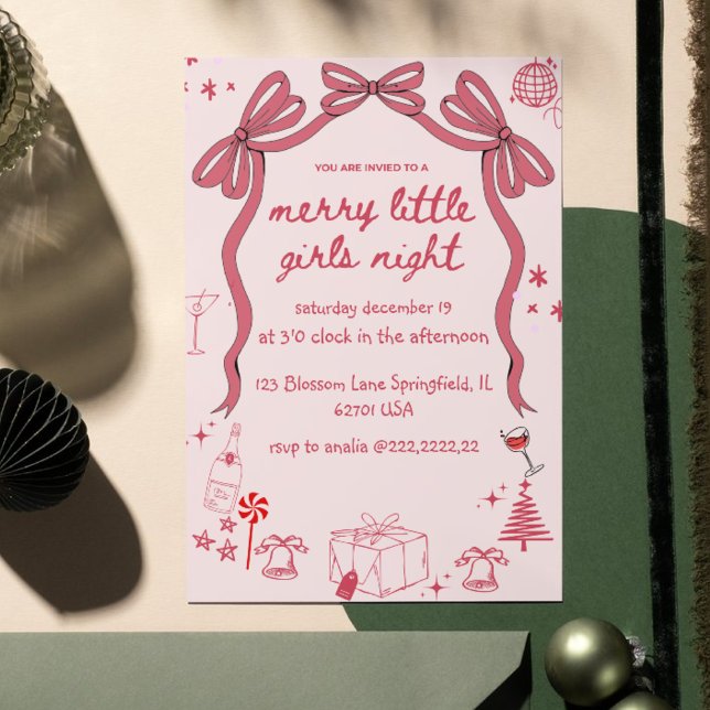 Bow unique Christmas Girls Night Hand Drawn Invitation (Creator Uploaded)