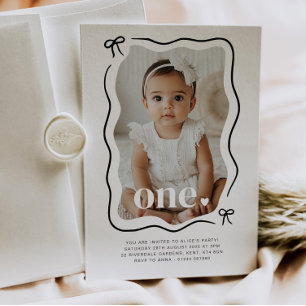 Bow Wavy Border Photo 1st Birthday Invitation