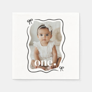 Bow Wavy Border Photo 1st Birthday Napkins