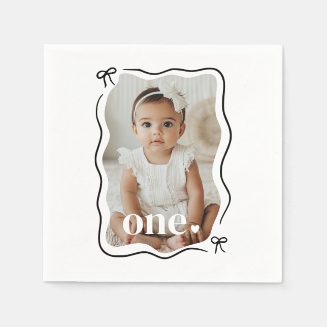 Bow Wavy Border Photo 1st Birthday Napkins (Front)
