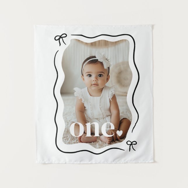 Bow Wavy Border Photo 1st Birthday Tapestry (Front)
