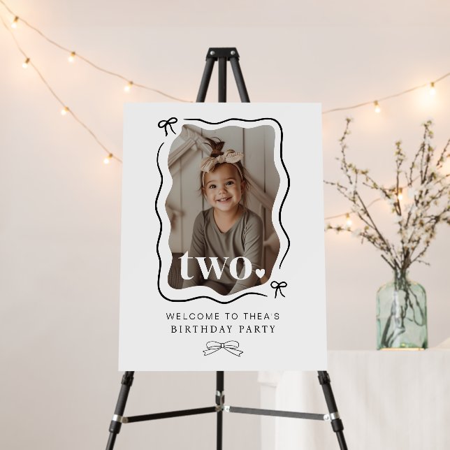 Bow Wavy Border Photo 2nd Birthday Welcome Sign (In Situ (Stand))
