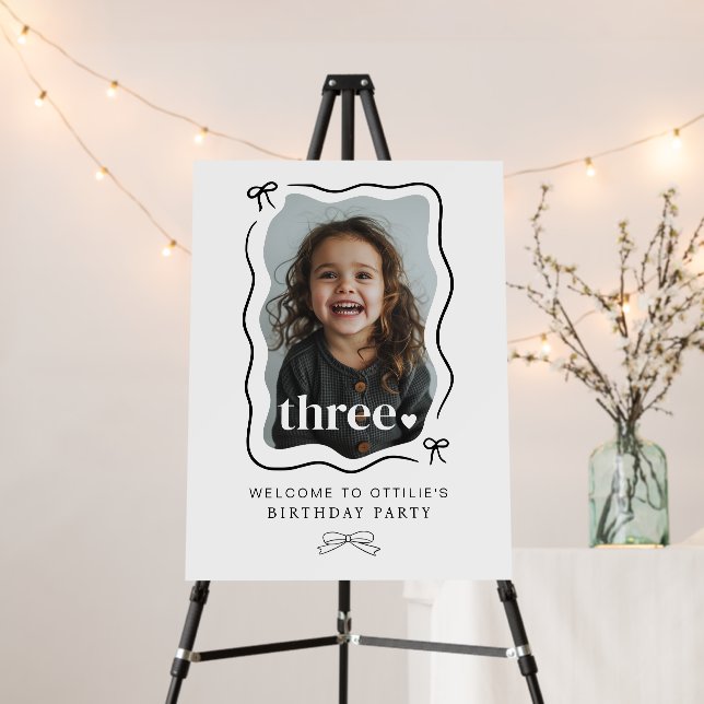 Bow Wavy Border Photo 3rd Birthday Welcome Sign (In Situ (Stand))