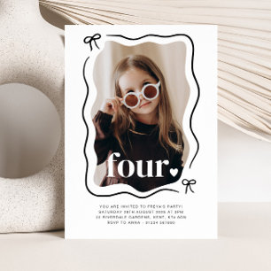 Bow Wavy Border Photo 4th Birthday Invitation