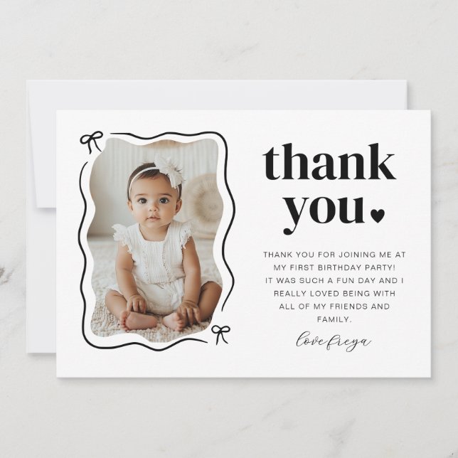 Bow Wavy Border Photo Birthday Thank You Card (Front)