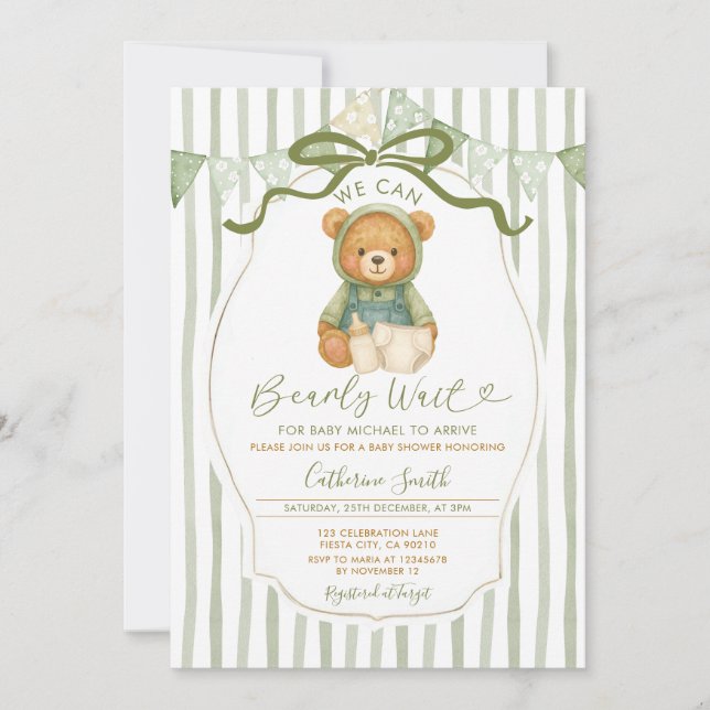 Bow We can Bearly wait bear baby shower stripes Invitation (Front)