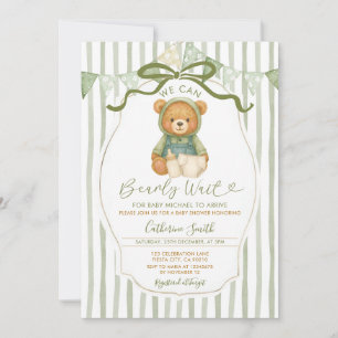 Bow We can Bearly wait bear baby shower stripes Invitation