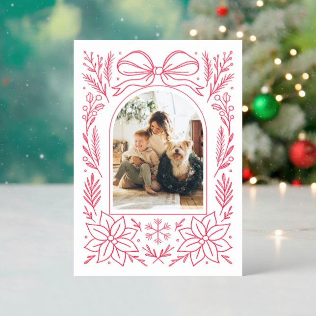 Bow Winter Botanical Elegant Merry Christmas  Letterpress Photo Cards (Front (Into))