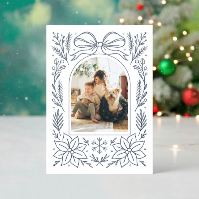 Bow Winter Botanical Elegant Merry Christmas  Letterpress Photo Cards (Front (Into))