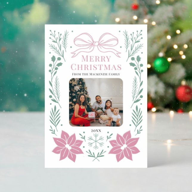 Bow Winter Botanical Elegant Merry Christmas Letterpress Photo Cards (Front (Into))