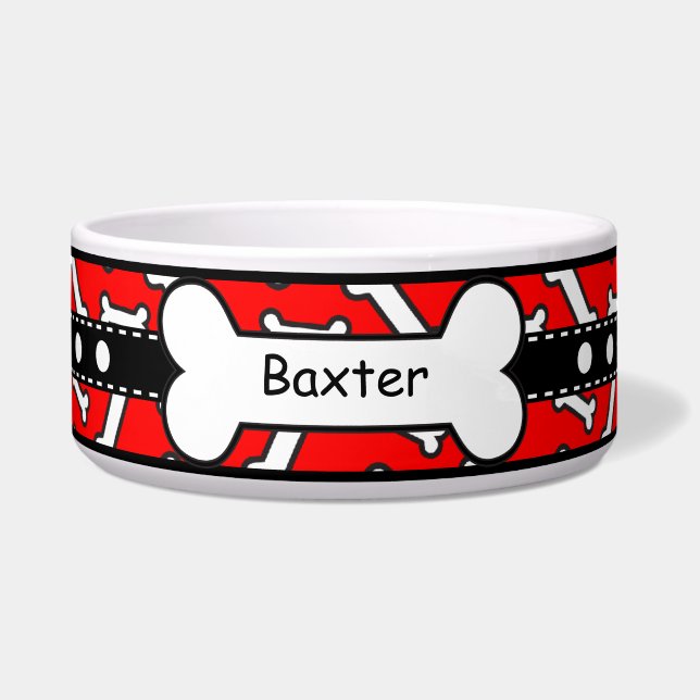 Bow Wow Doggie Bones Colorful Red and Black Bowl (Front)