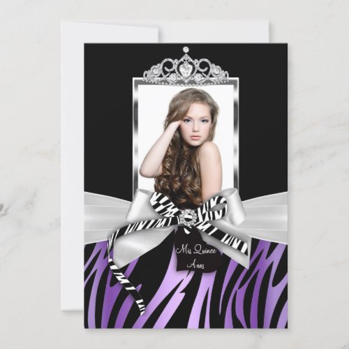 Bow  Zebra Print Purple Black Photo Quinceanera Invitation