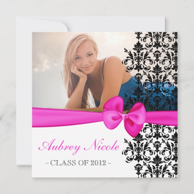 Bowed Floral Damask Graduation Invite [Hot Pink] (Front)