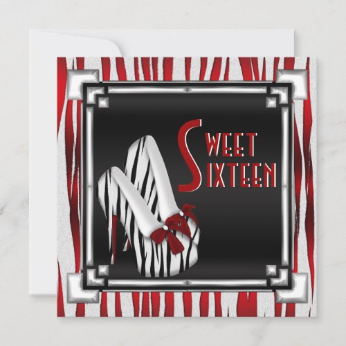 Bowed Zebra Stiletto Heel Red Black White Sweet 16 Invitation