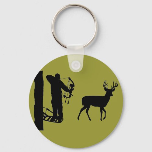 Bowhunter in Treestand Shooting Deer Keychain