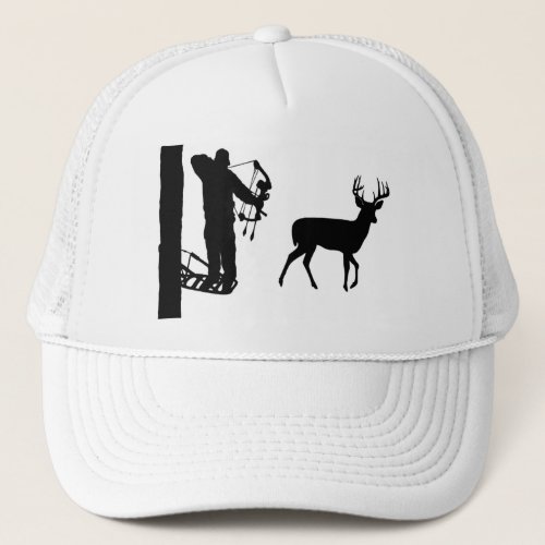 Bowhunter in Treestand Shooting Deer Trucker Hat