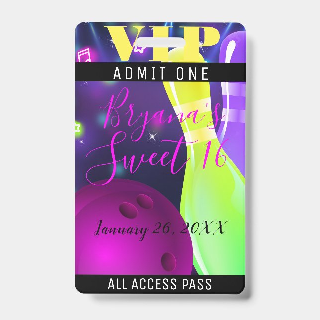 Bowl Glow Bowling Birthday Party Light VIP Pass Badge (Front)