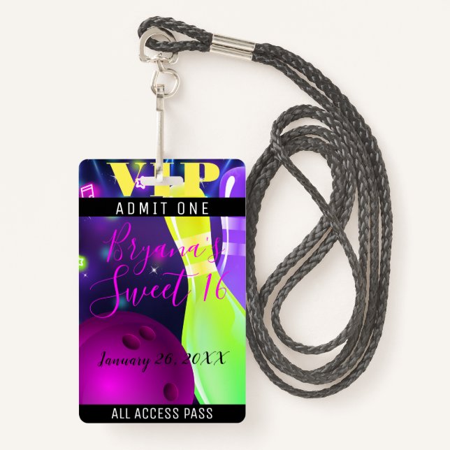 Bowl Glow Bowling Birthday Party Light VIP Pass Badge (Front with Lanyard)