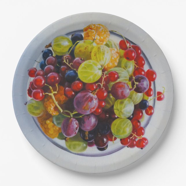Bowl of Berries – Hyperrealistic Fruit Still Life Paper Plates (Front)