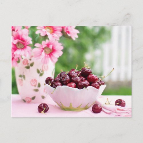 Bowl of Cherries and Pink Flowers photo postcard