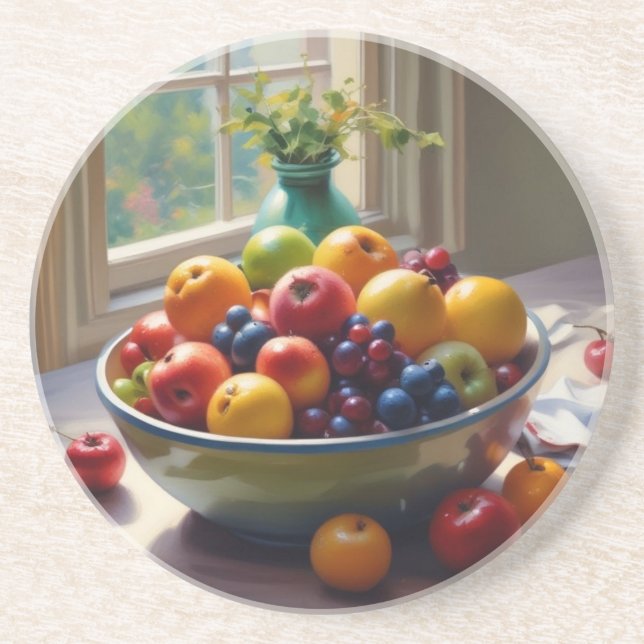Bowl of fruit on a table oil painting coaster (Front)