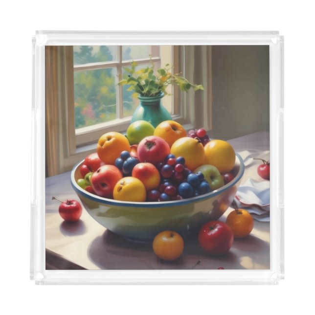 Bowl of fruit on table classical oil painting acrylic tray (Front)