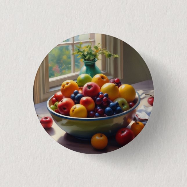 Bowl of fruit on table classical oil painting button (Front)