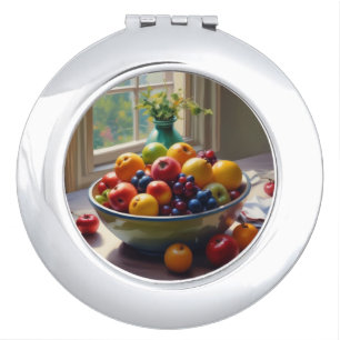 Bowl of fruit on table classical oil painting compact mirror