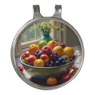 Bowl of fruit on table classical oil painting golf hat clip