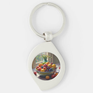 Bowl of fruit on table classical oil painting keychain