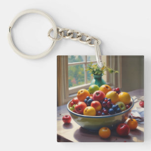 Bowl of fruit on table classical oil painting keychain