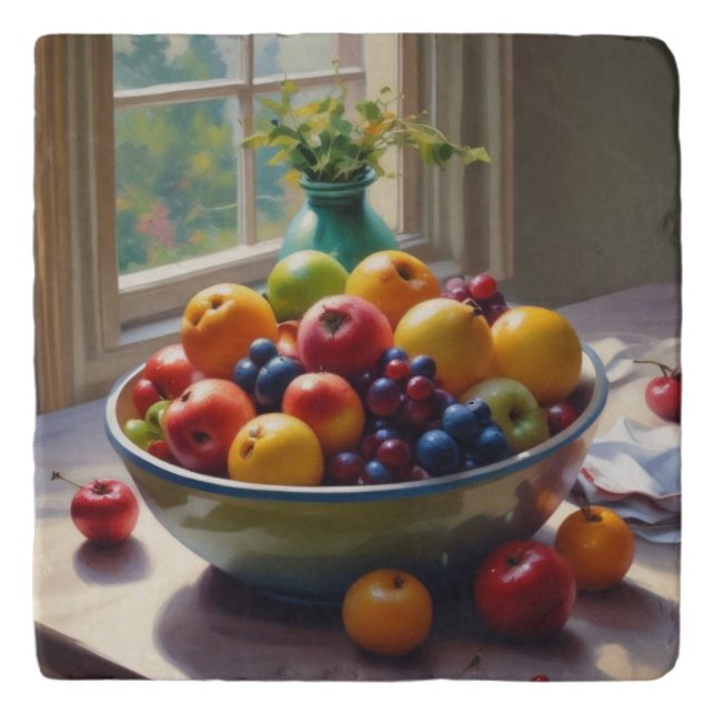 Bowl of fruit on table classical oil painting trivet (Front)
