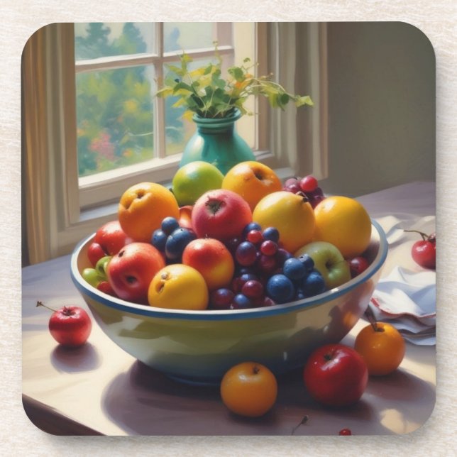 Bowl of fruit sitting on a table oil painting beverage coaster (Front)
