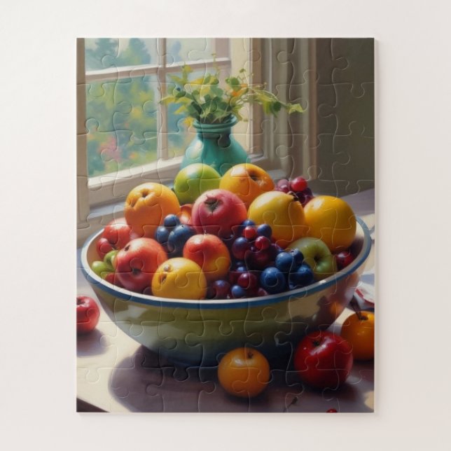 Bowl of fruit sitting on a table oil painting jigsaw puzzle (Vertical)