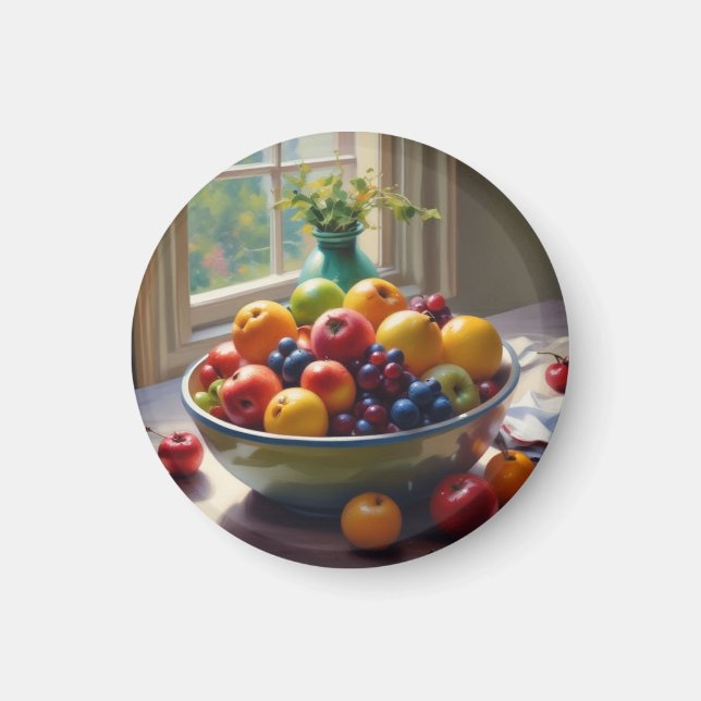 Bowl of fruit sitting on a table oil painting magnet (Front)