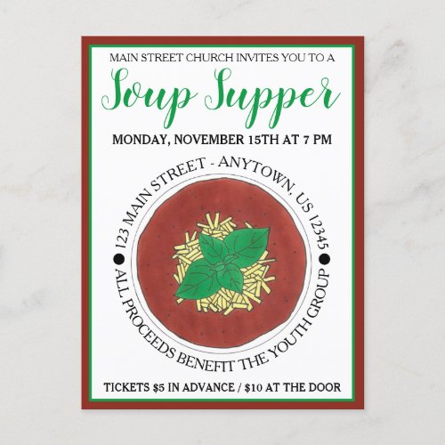Bowl of Hot Tomato Basil Soup Cookoff Supper Invitation Postcard