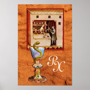 BOWL OF HYGEIA MONOGRAM Medicine,Antique Pharmacy Poster