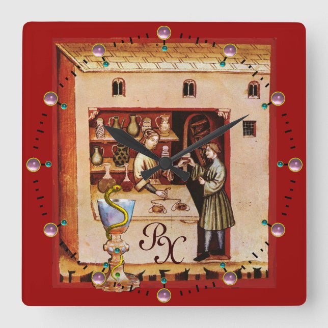 BOWL OF HYGEIA  MONOGRAM Medicine, Pharmacy Square Wall Clock (Front)